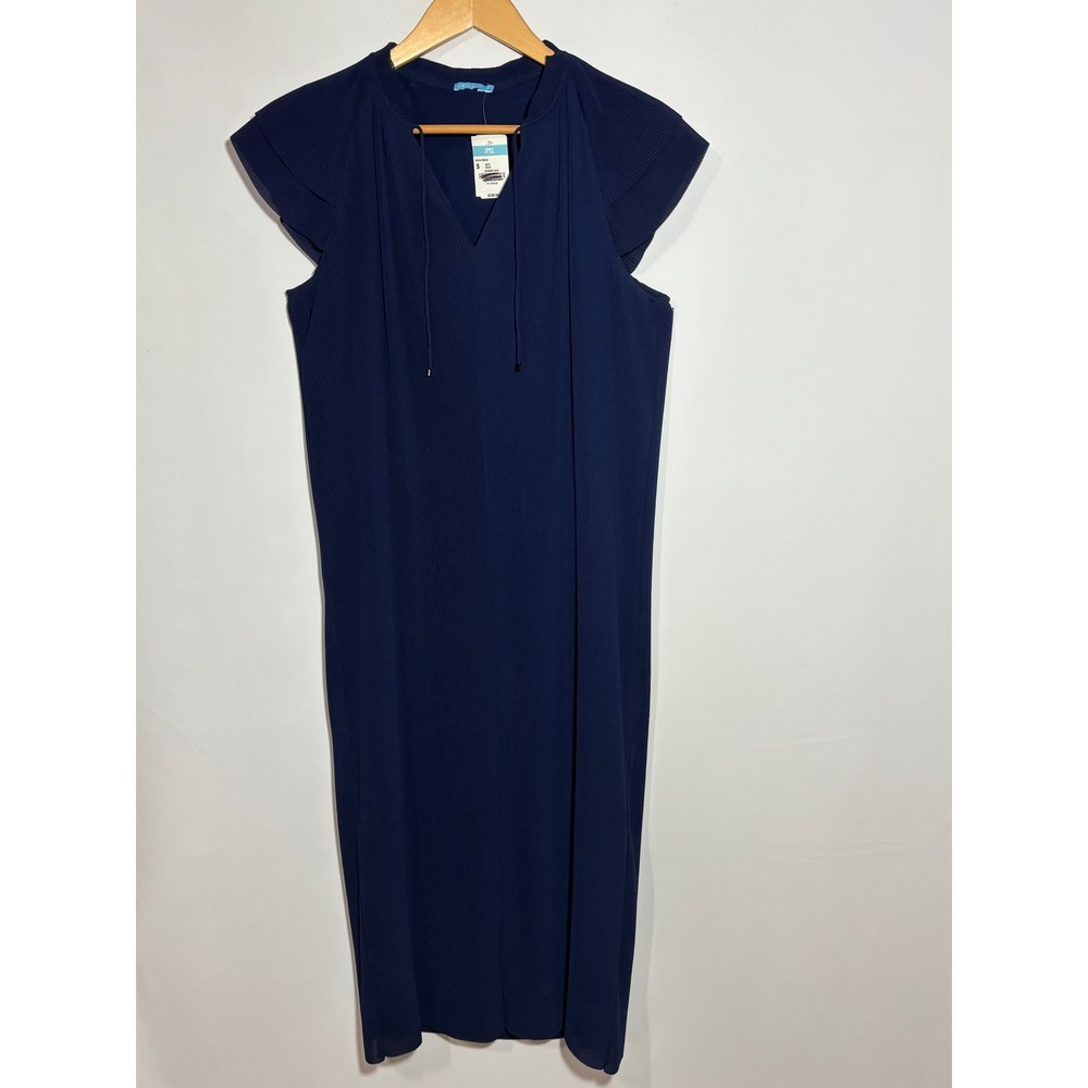 J.McLaughlin Aisha Dress Navy Blue Micro-Pleated Flutter Sleeve Midi Small NEW - Picture 5 of 14